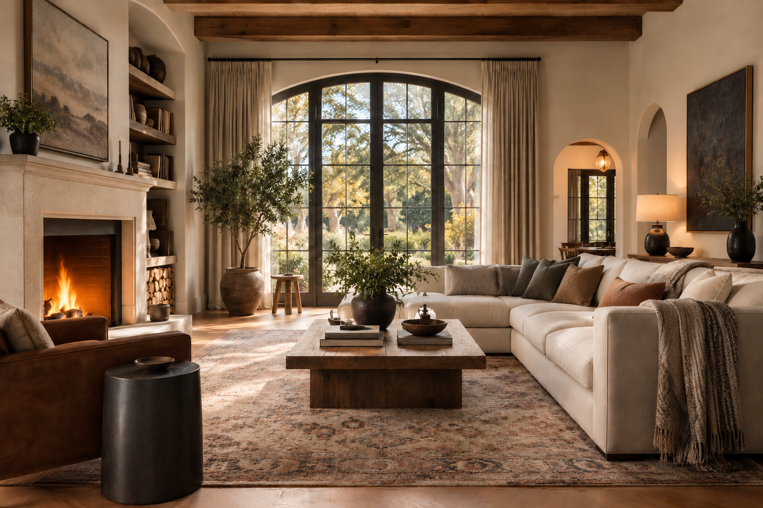 Sunlit living room with a glowing fireplace, warm lamp light, arched windows, and neutral furnishings