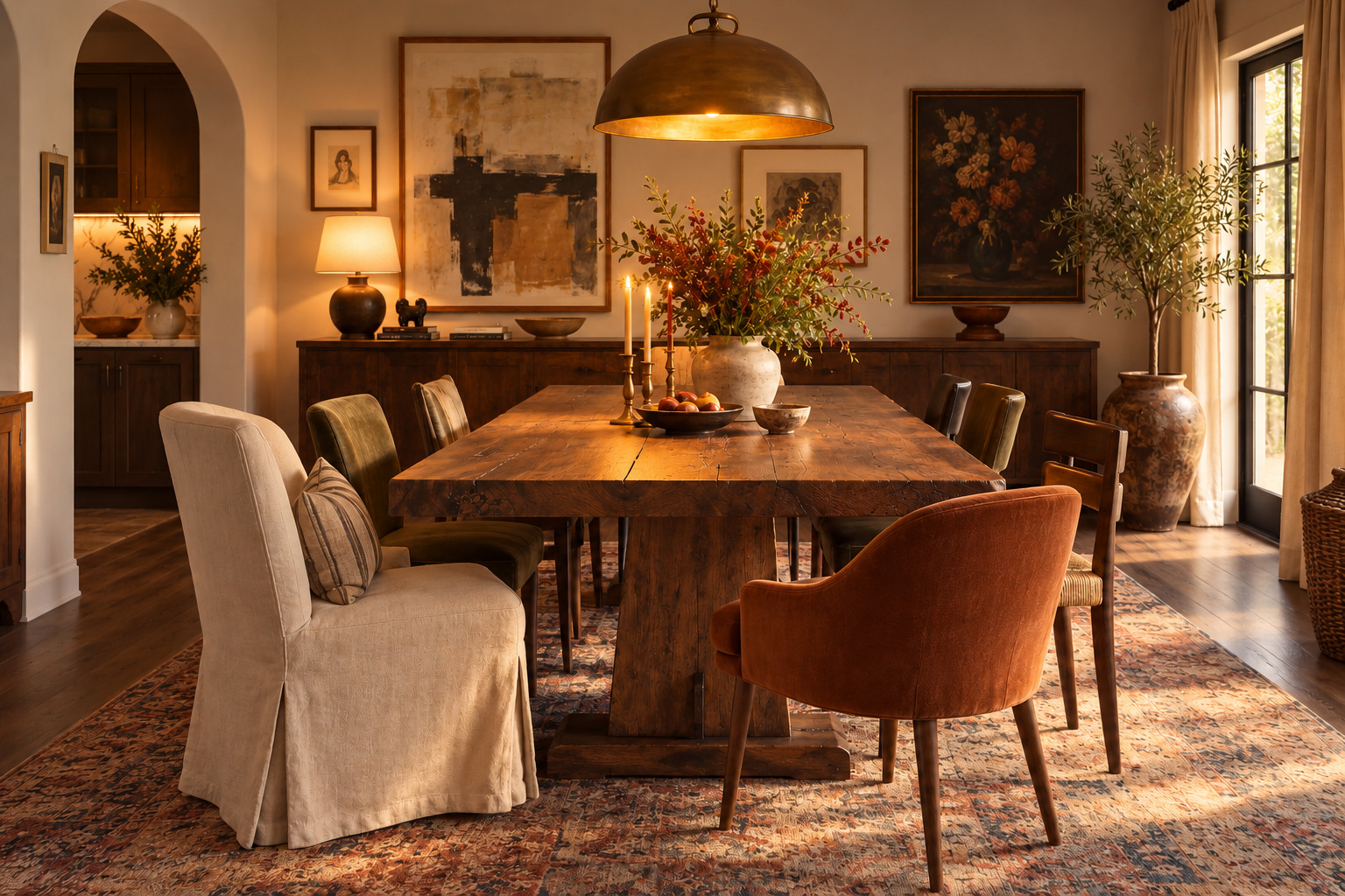 Collected dining room with glowing chandelier, table lamp, and candles