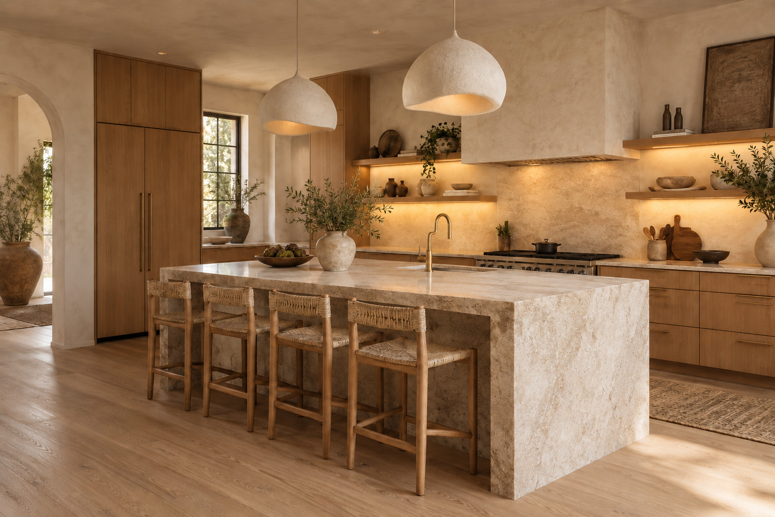 Organic kitchen with pendant lights and softly illuminated shelves