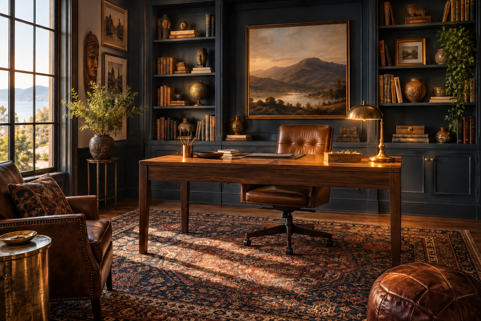 Dark blue home office with a glowing brass desk lamp