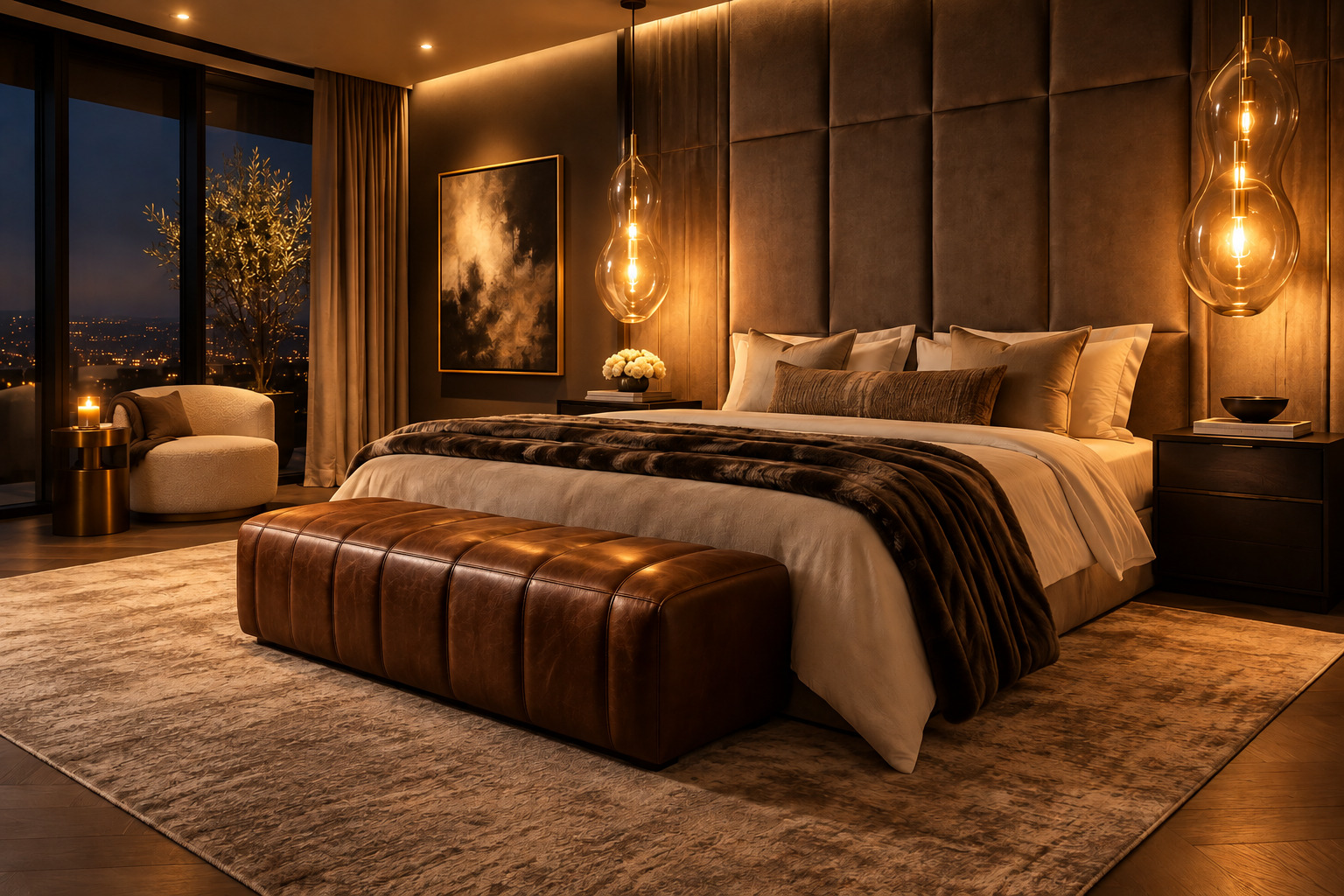 Bedroom with warm pendant lights, a candle, and layered neutral bedding