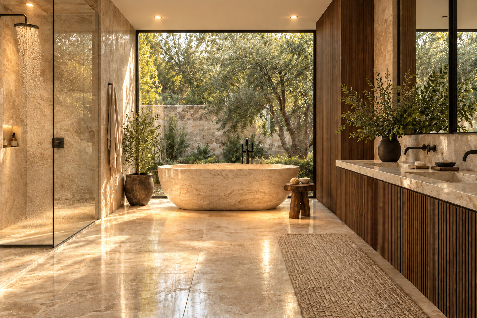 Stone bathroom with ceiling lights on and water running in the shower