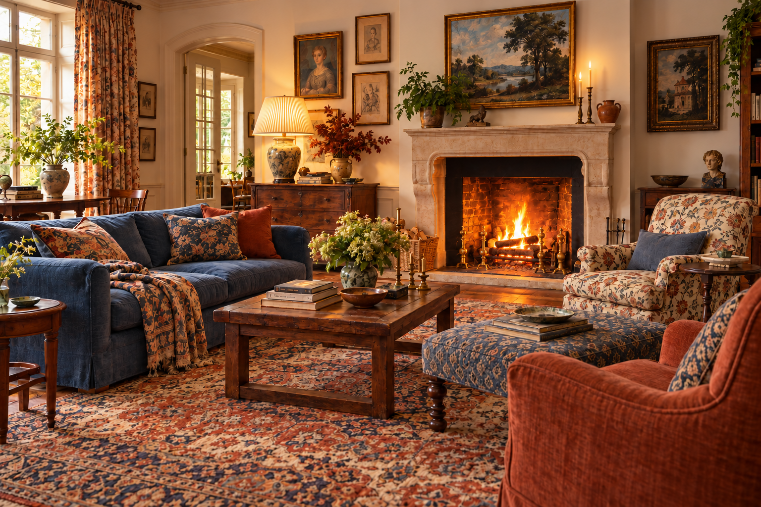 Collected classic living room with warm lamp, candles, and fireplace