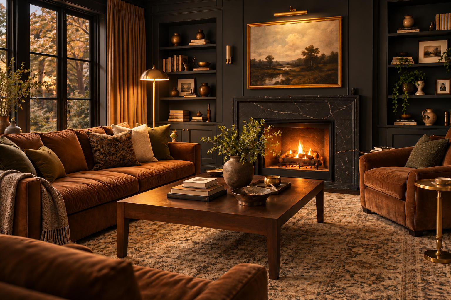 Moody refined living room with floor lamp, picture light, and fireplace