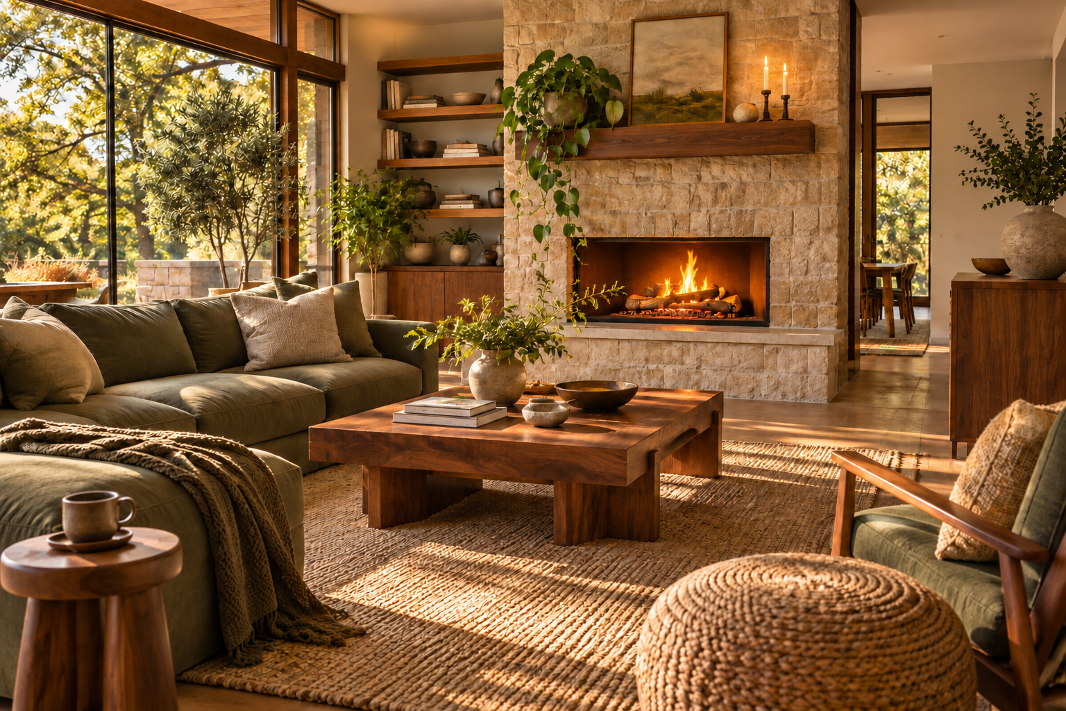 Organic modern living room with glowing candles and fireplace