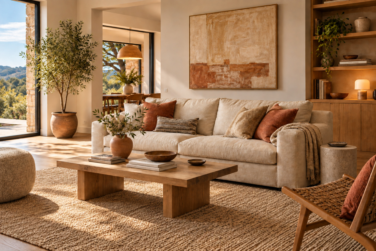 Warm minimal living room with illuminated accent lights