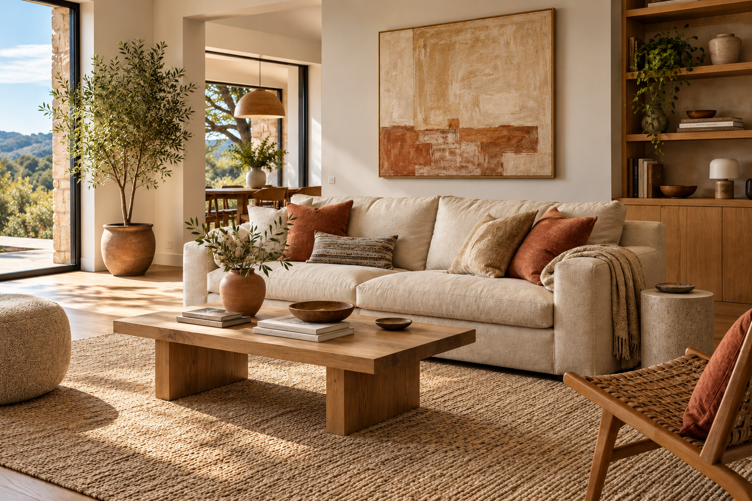 Warm living room with a pendant-lit sitting area